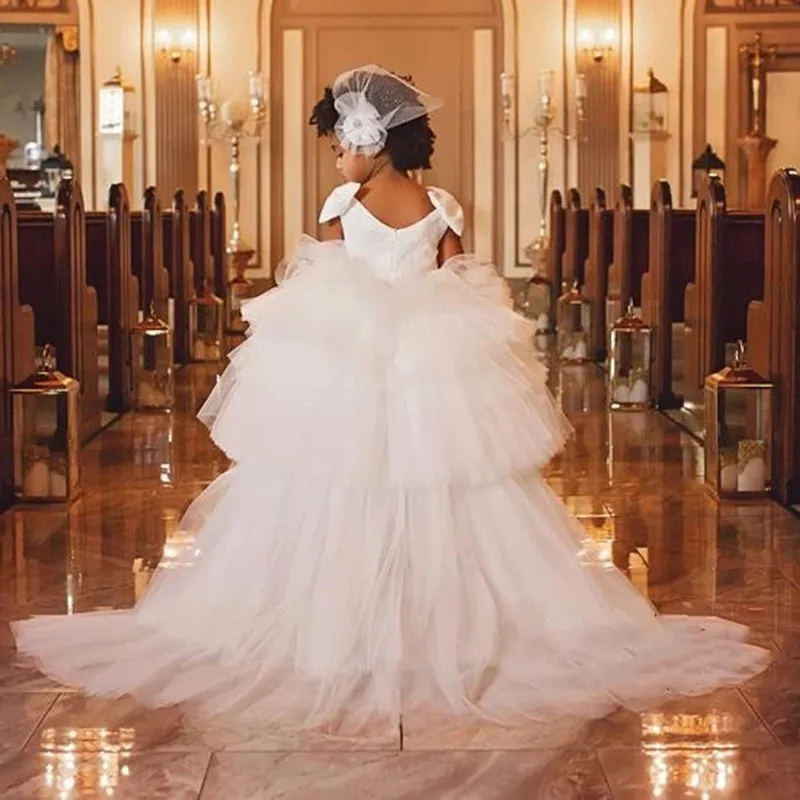 Pageant oi-lo em camadas vestido da menina da flor para o casamento e festa inchado tule crianças infantil vestidos de aniversário com trem longo