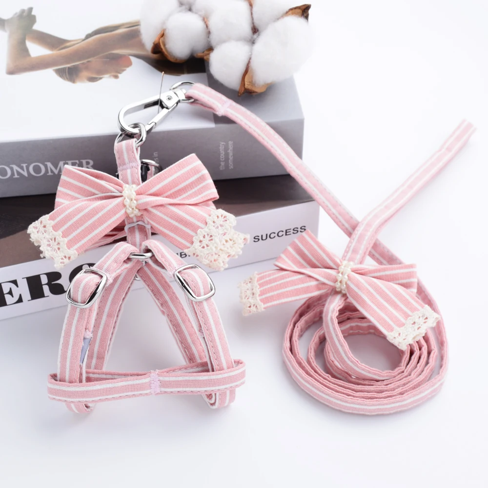 Pink Stripe Dog Collars And Harnesses Cotton Bows Girl Boy Pet Leash Set Outdoor Walking For Pitbull Chihuahua S M Accessories