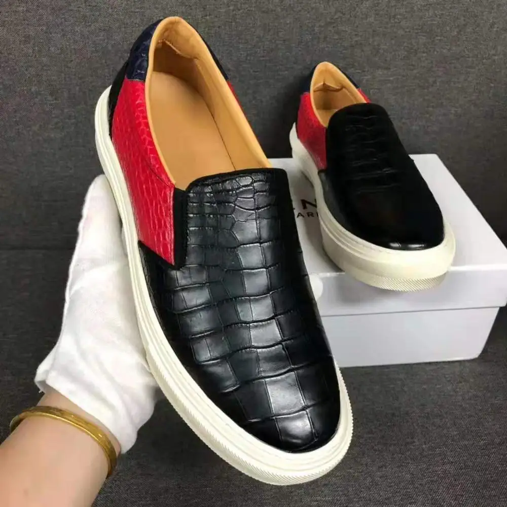 

100% Genuine crocodile skin leather men fashion shoe with cow skin lining Black & red color matt crocodile skin leisure fashion