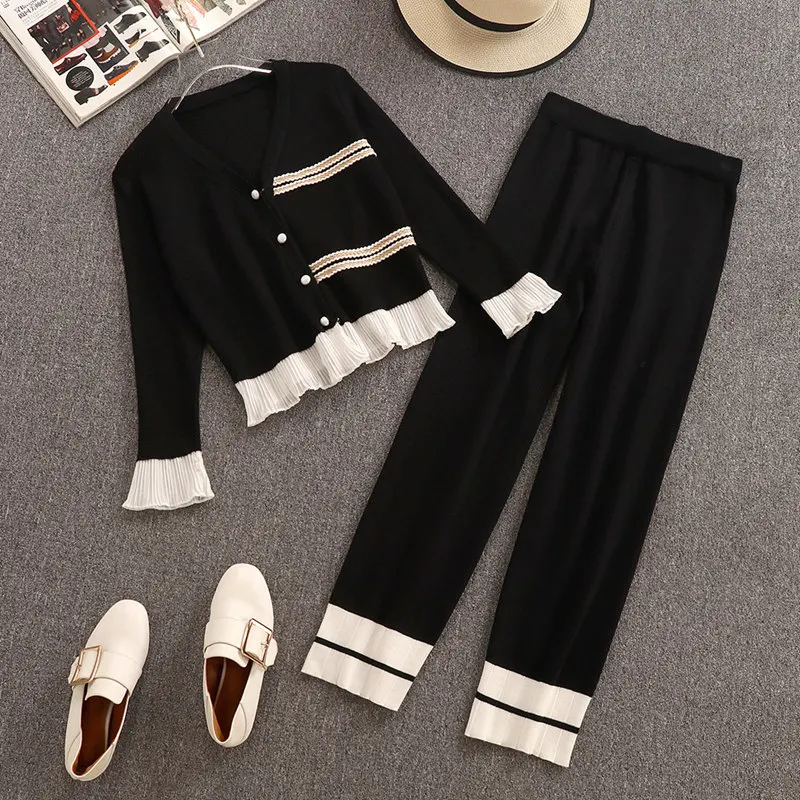 Korean New Knitted Pants Set 2019 Chic V-neck Cardigan Tops Trim Hem Ruffled Sweater and Wide leg pants 2 Piece Set Female