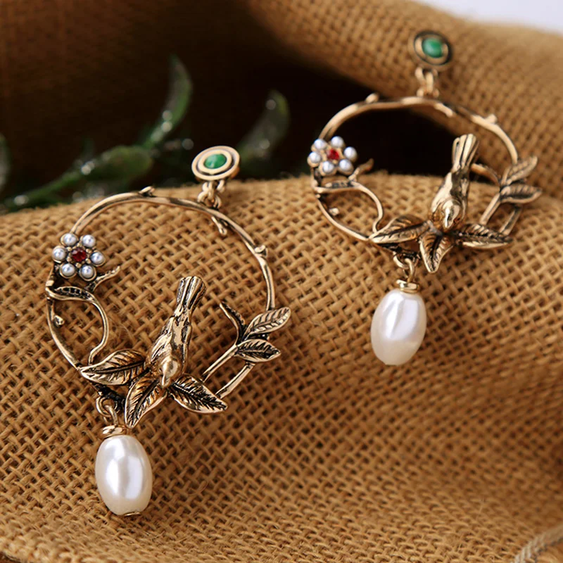 Kshmir 2023 Vintage metal pearl flower and bird branch chic women's earrings fashion jewelry cocktail party earrings