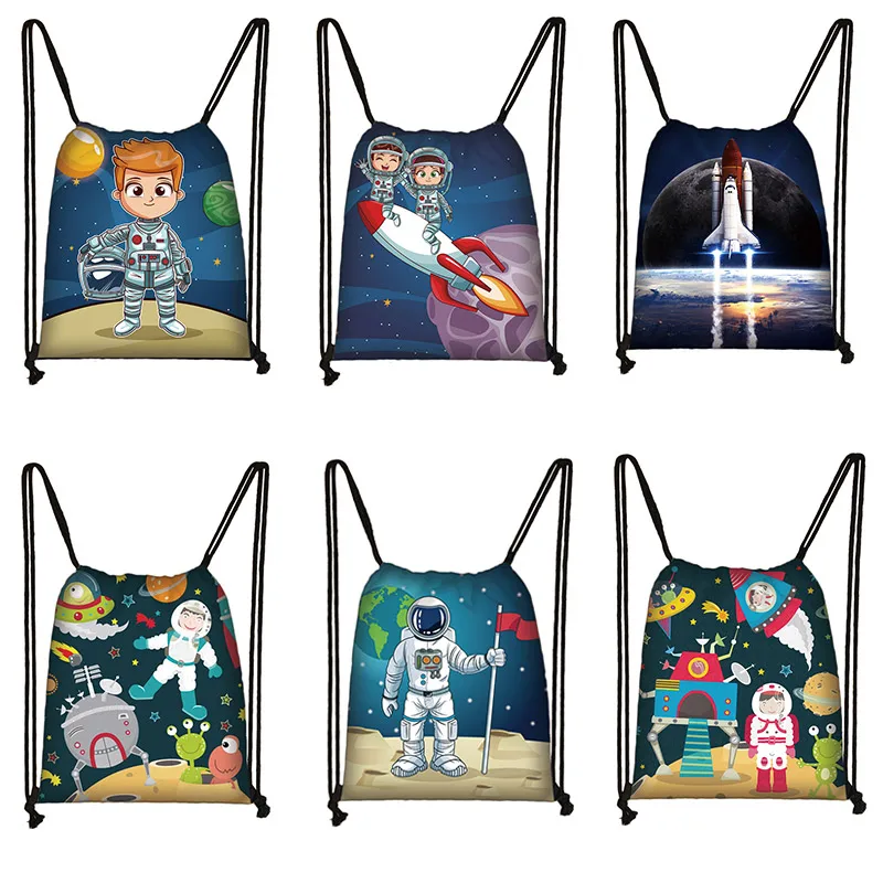 Space Astronaut Print Drawstring Bag Rocket Galaxy Children's School Backpack Youth Storage Bag Gift