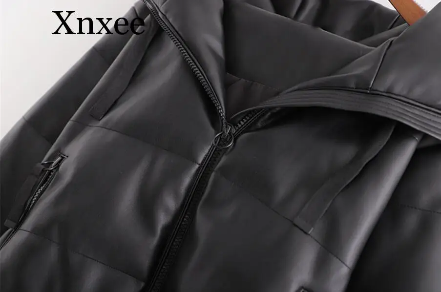 PU Leather Parkas Women Fashion Hooded Faux Leather Coats Women Elegant Zipper Cotton Jackets Female Ladies black zipper