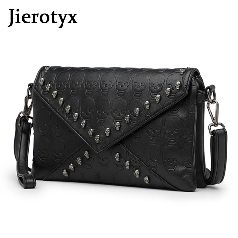 JIEROTYX Women\'s Fashion Tote Skull Prints And Skull-Shaped Rivets Messenger Travel Crossbody Femininas Black Punk Handbags