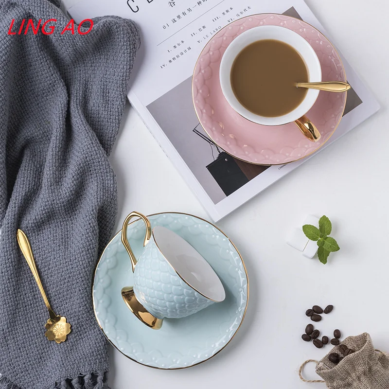 LingAo-European Embossed Ceramic Coffee Cup and Saucer Set with Tray, Spoon with Spoon, Tea Set, Can be Customized Gift Box LOGO