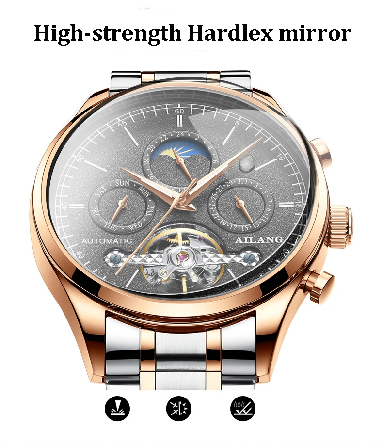 AILANG Automatic Mechanical Watches Men Waterproof Moon Phase Business Male Tourbillon Watch Stainless Steel Relogios Masculinos