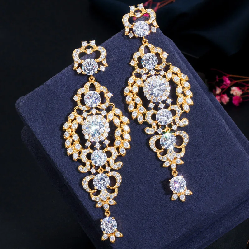 Pera Sparkling Cubic Zirconia Bridal White Gold Color Long Large Chandelier Drop Dangle Earrings for Wedding Women Jewelry E495