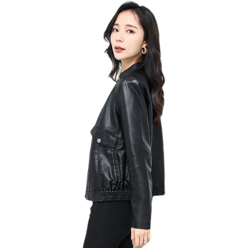 

Spring and Autumn Fashion Boutique Leather Clothing Women's Casual Loose Large Size Stand Collar Leather Jacket