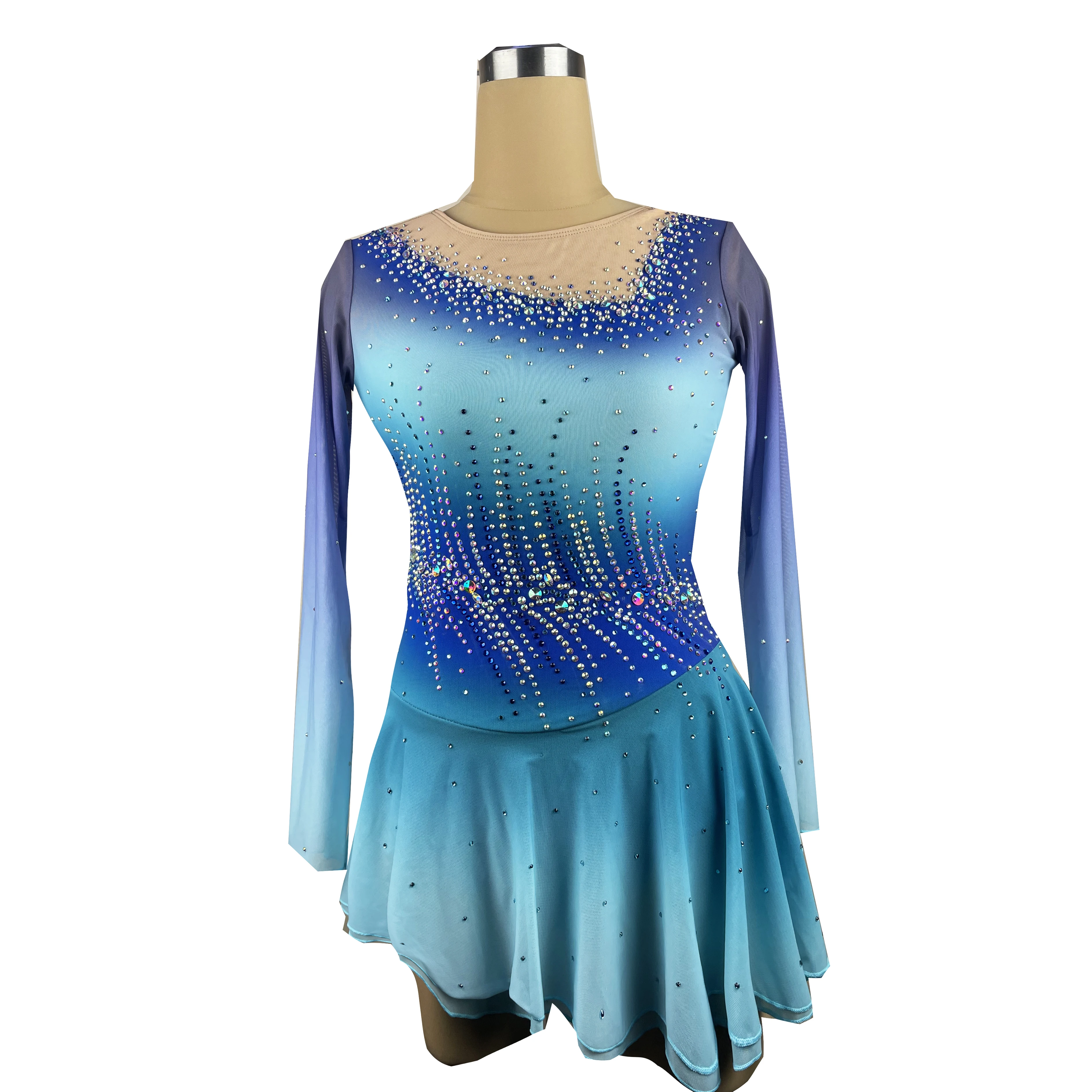 Blue Figure Skating Dress  Long-Sleeved Ice Skating Skirt Spandex