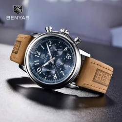 BENYAR Top Brand Luxury Watches Mens 2023 Chronograph Quartz Men Watch Sport Military Waterproof Leather Business Reloj Hombre