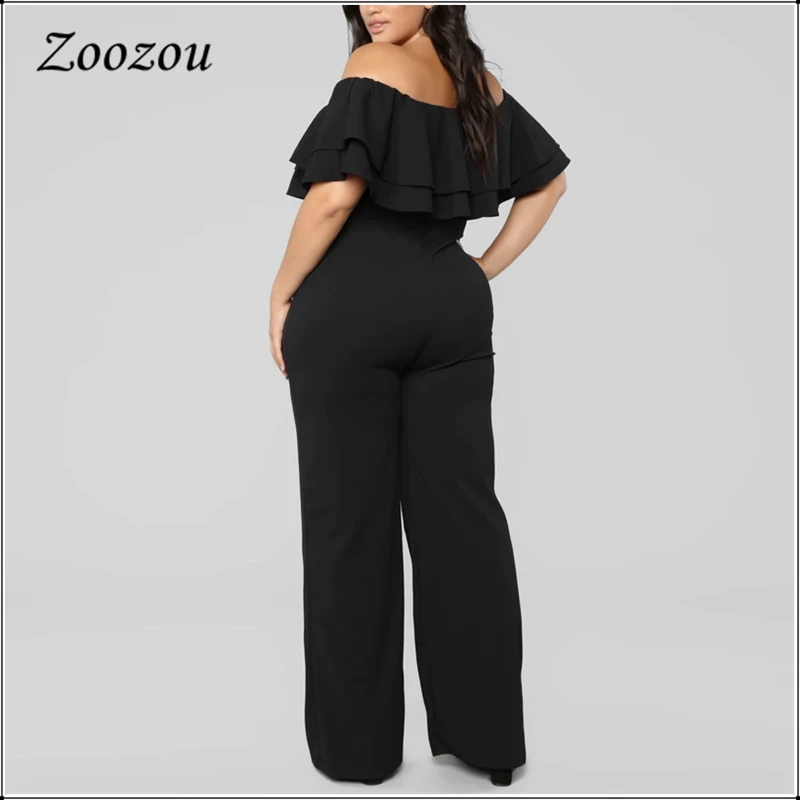 Elegante Doppel Rüschen Weg Von Der Schulter Overalls Plus Größe Breite Bein Lose Overall Frauen Schwarz Liebsten Elastische Strampler Benutzerdefinierte