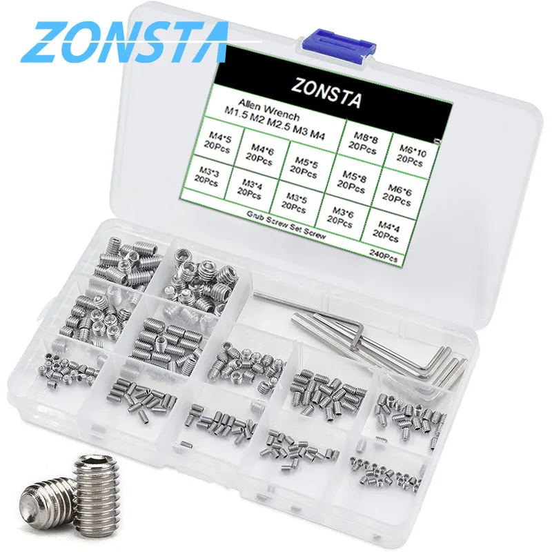 240Pcs Grub Screw Set M3 M4 M5 M6 M8 304 Stainless Steel Allen Head Hex Hexagon Socket Grub Headlessk Bolt Kit for faucet Door