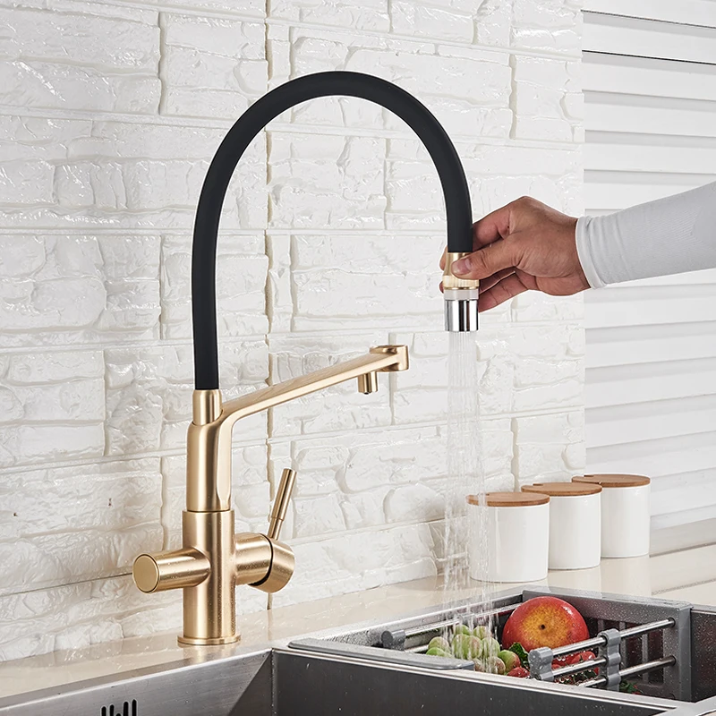 

360 Swivel Pure Water Faucets for Kitchen Black Filter Kitchen Faucet Brushed Gold Pull Down Purification Water Mixer Tap