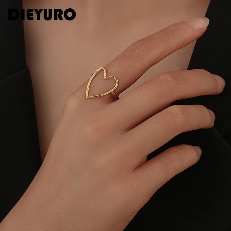 DIEYURO 316L Stainless Steel 2 Colours Love Heart Hollow Ring Fashion Beautiful Woman Exquisite Jewelry Gift For Lovers 2024 New