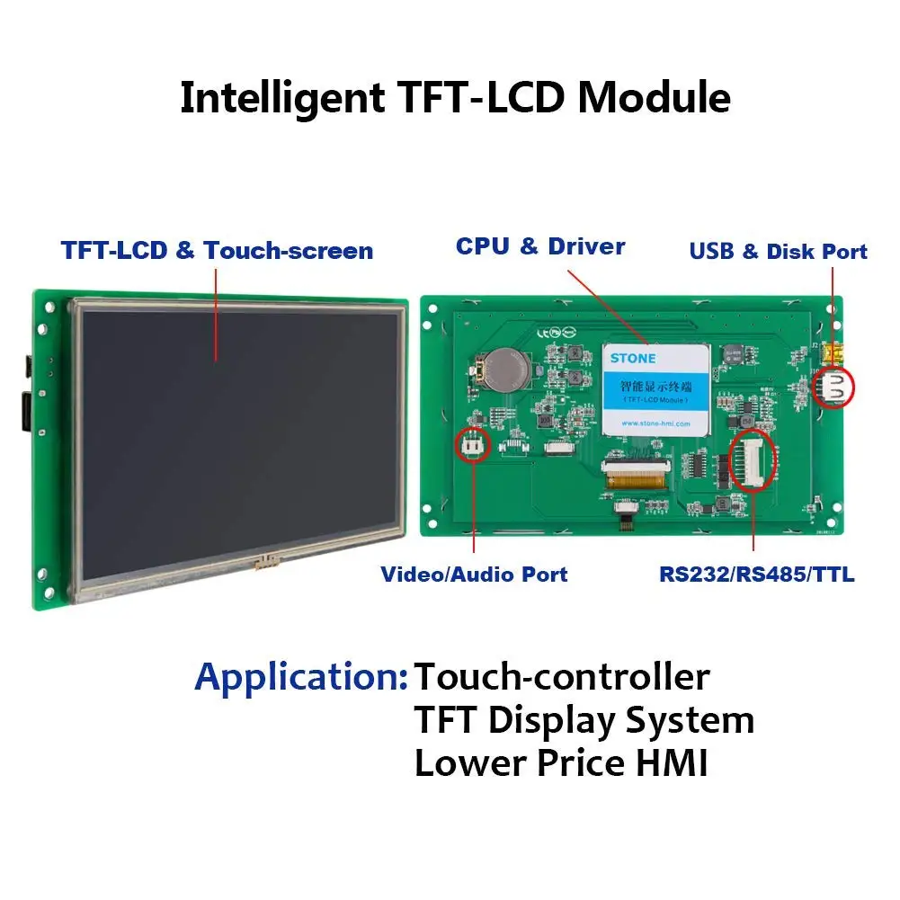 STONE 7 Inch Smart Touch Screen HMI TFT LCD Industrial Display  Modules with High Resolution  + UART Serial Interface