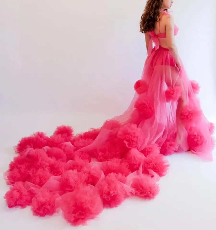 Gorgeous Hot Pink A-line Tulle Skirts With Long Train 2020 See Thru Tutu 3D Flower Long Tulle Skirts Women To Photo Shoot