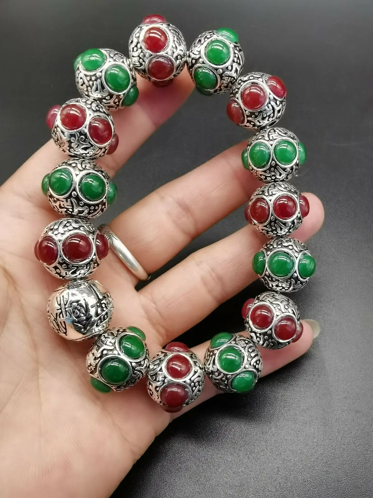 China Old Tibetan Silver Inlaid Green Red Colour Jade Bead Hand String Bracelet