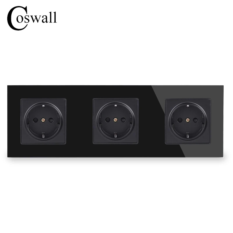 COSWALL Wall Tempered Glass Panel Triple EU Russia Spain Socket Grounded With Children Protective Door White Black Grey Gray