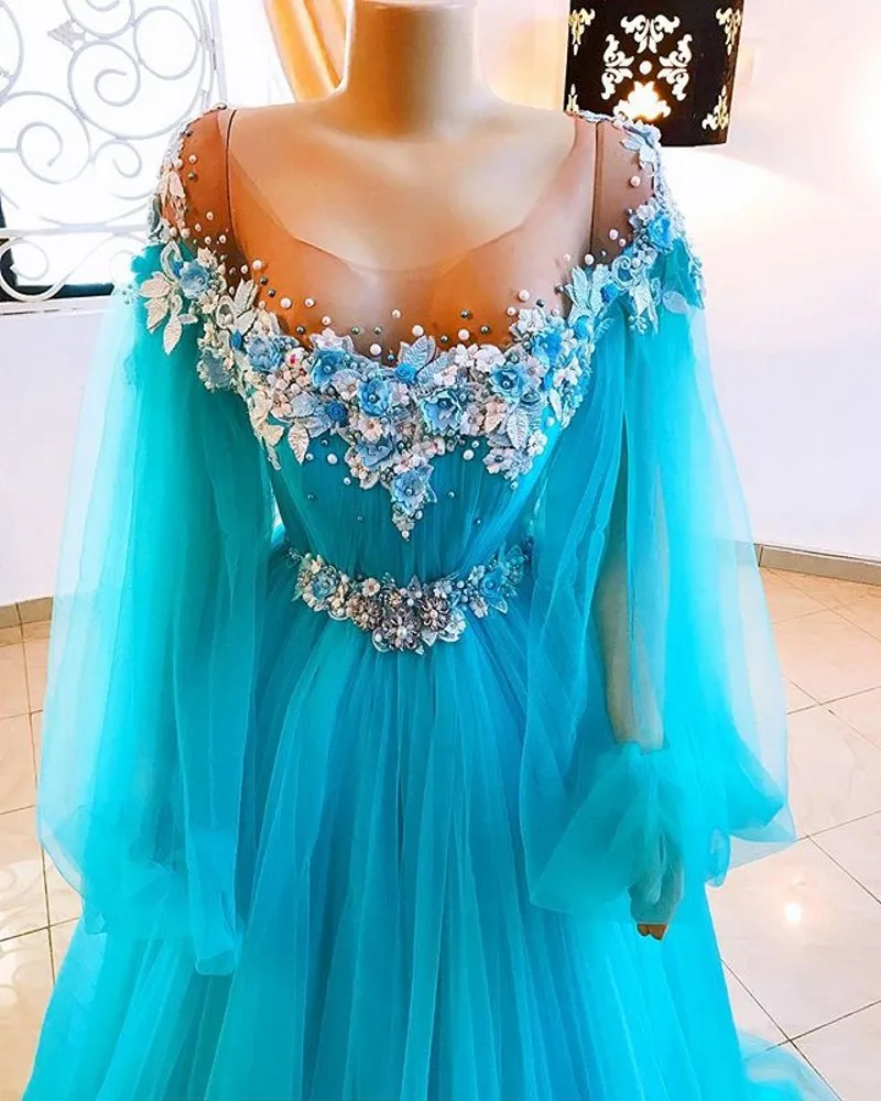 Vestido De fiesta De manga larga con apliques De encaje para mujer, Vestidos De Noche De talla grande, vestido De princesa hinchada, largo hasta el suelo