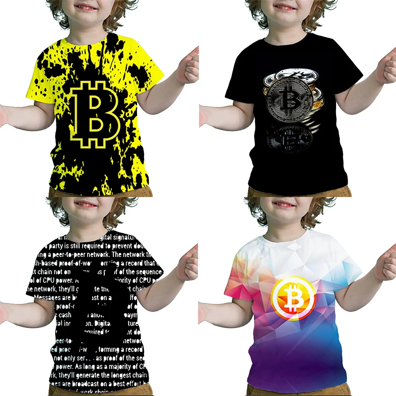 Dzieci Bitcoin 3D drukuj koszulki maluch Cartoon Anime T Shirt letnie dzieci koszulki z krótkim rękawem dla dzieci chłopcy dziewczęta topy Tee prezent