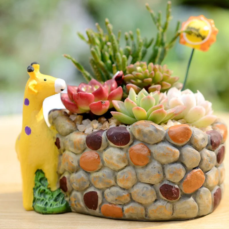 Cartoon Giraffe Cobblestone Succulent Plants Pot Garden Resin Plants Flower Vase Home Decor Flower Potted Balcony Table Ornament