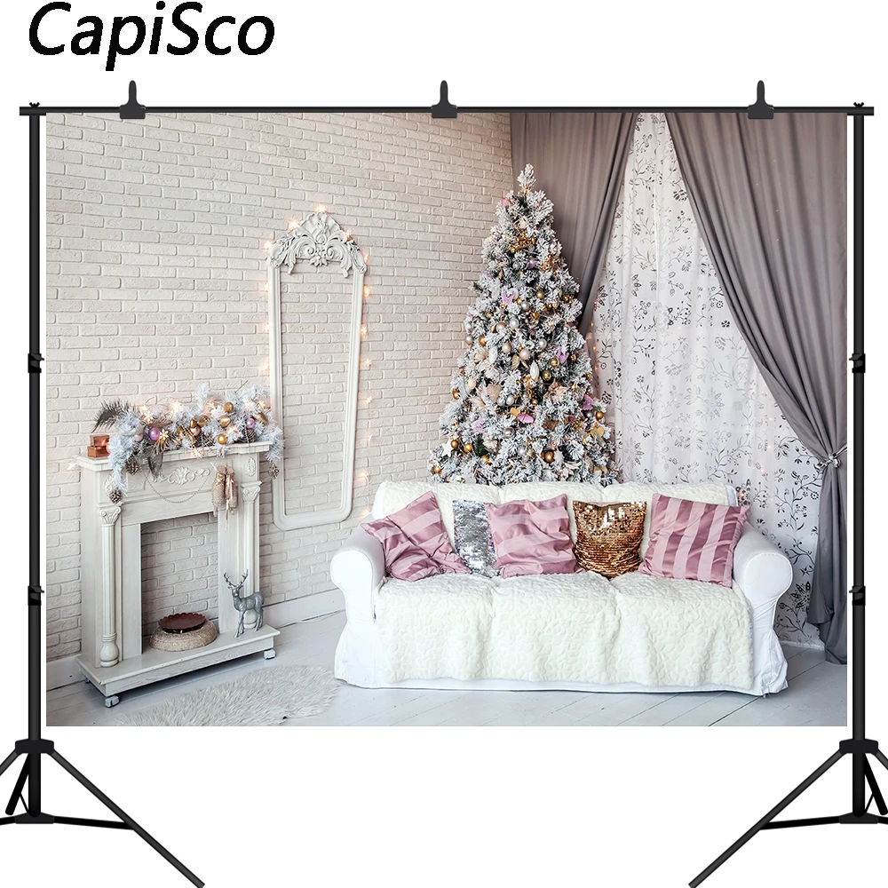 Capisco Photography backdrop Christmas tree sofa window White Brick wall Fireplace Background photo booth studio props