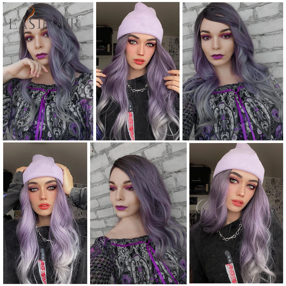 Più facile capelli Ombre marrone misto viola biondo lungo onda sintetica parrucche per le donne resistente al calore fibra colorata Cosplay