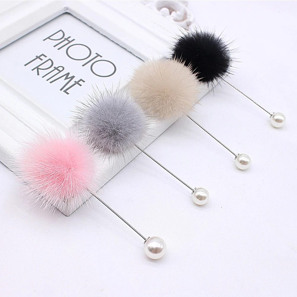 1 Piece Simulated Pearl Brooch Pins For Women Korean Fur Ball Piercing Lapel Brooches Collar Jewelry Gift Kids Girls