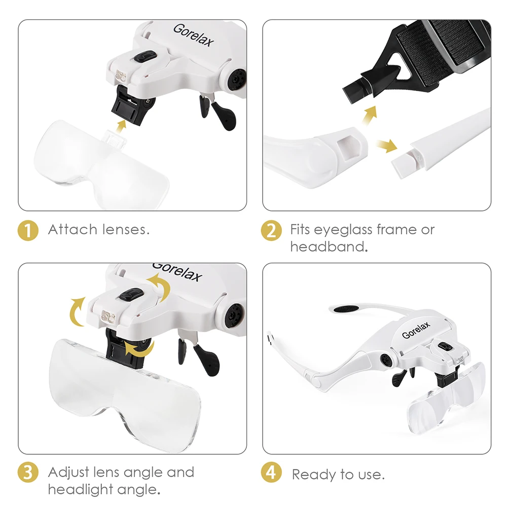 5 Lens Loupe Eyewear Magnifier With 2 Led Lights Lamp Interchangeable Lens 1.0X/1.5X/2.0X/2.5X/3.5X Wearing Magnifying Glasses