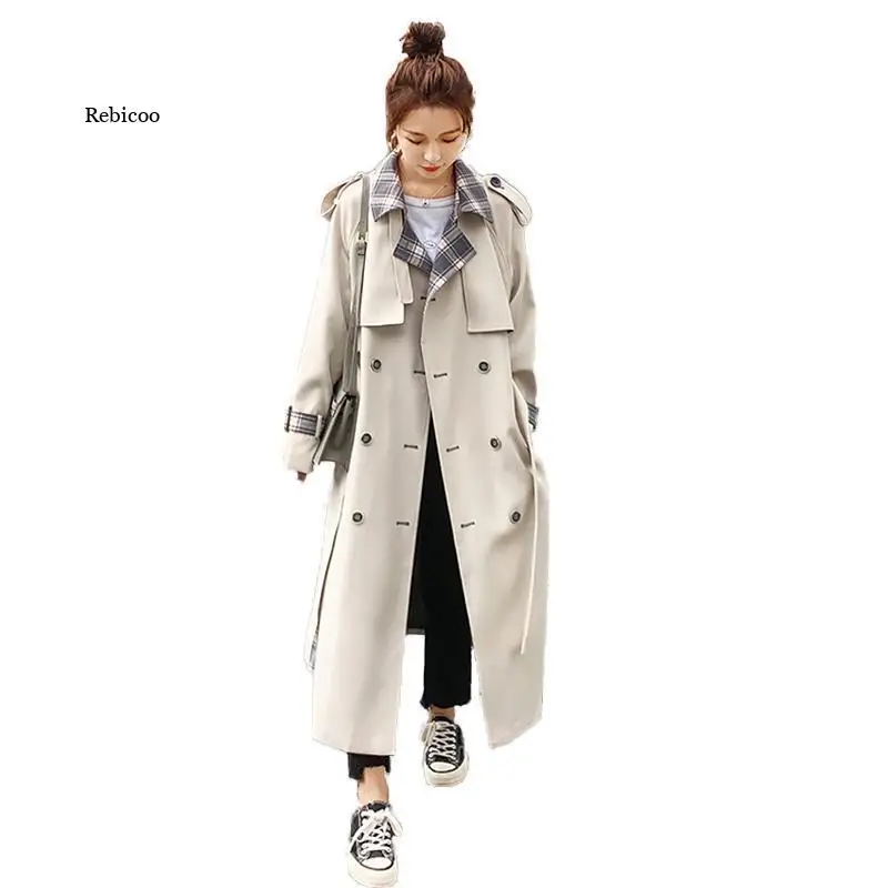 Women's Long Windbreaker Spring Autumn New Korean Loose Lattice Color Matching Lapel Lining Double Breasted Fashion Coat