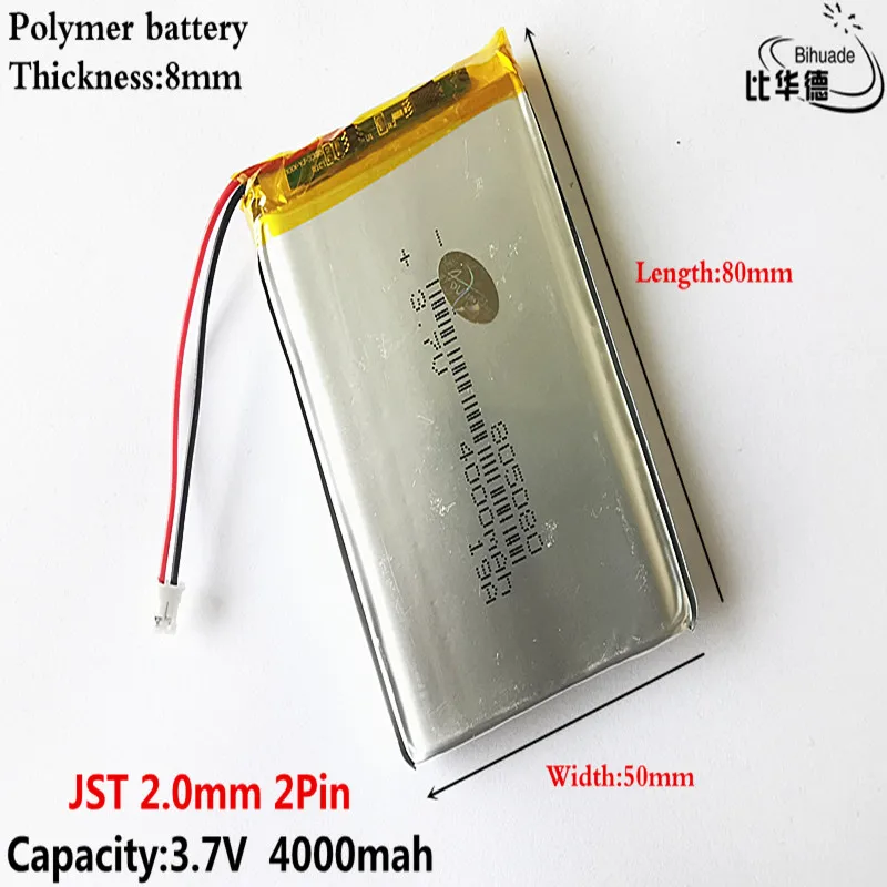 JST 2.0mm 2Pin 3.7V 4000mAh 805080 Litowo-polimerowa LiPo akumulator dla banku mocy