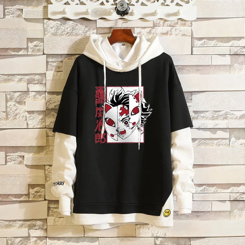 New Demon Slayer Anime Tanjiro And Nezuko Hoodie Stitching Men Women Korean Kpop Street Style Fake Two Sweatshirt Sudadera Mujer