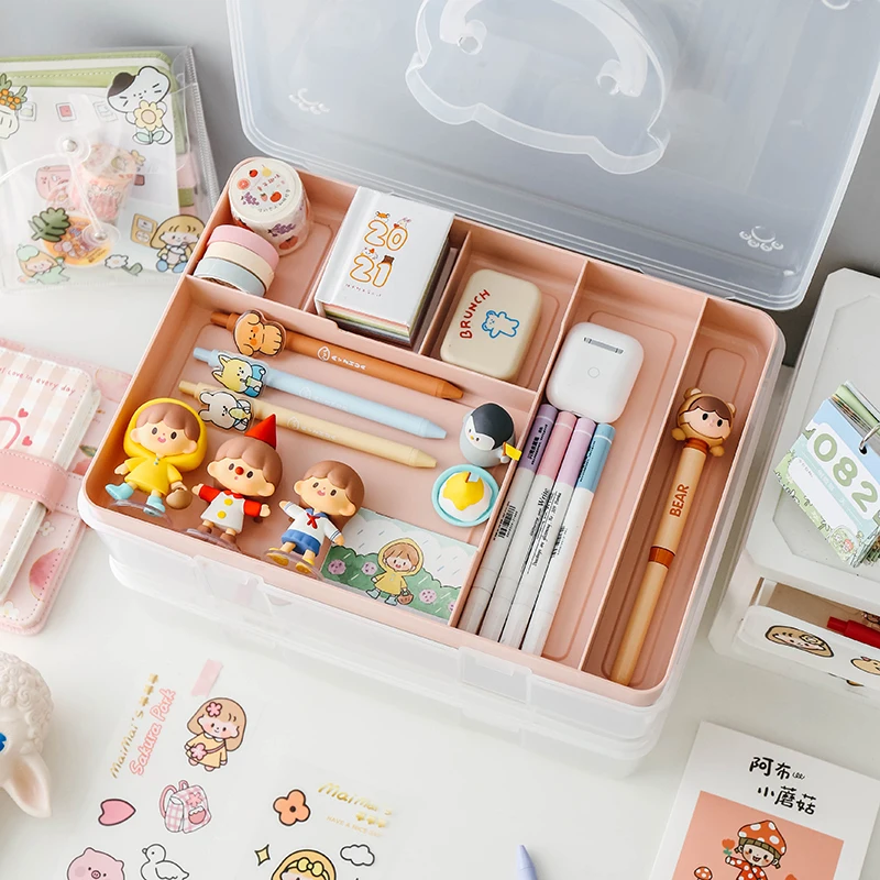 INS wind multifunctional transparent storage box simple double-layer waterproof and dustproof kawaii stationery storage box