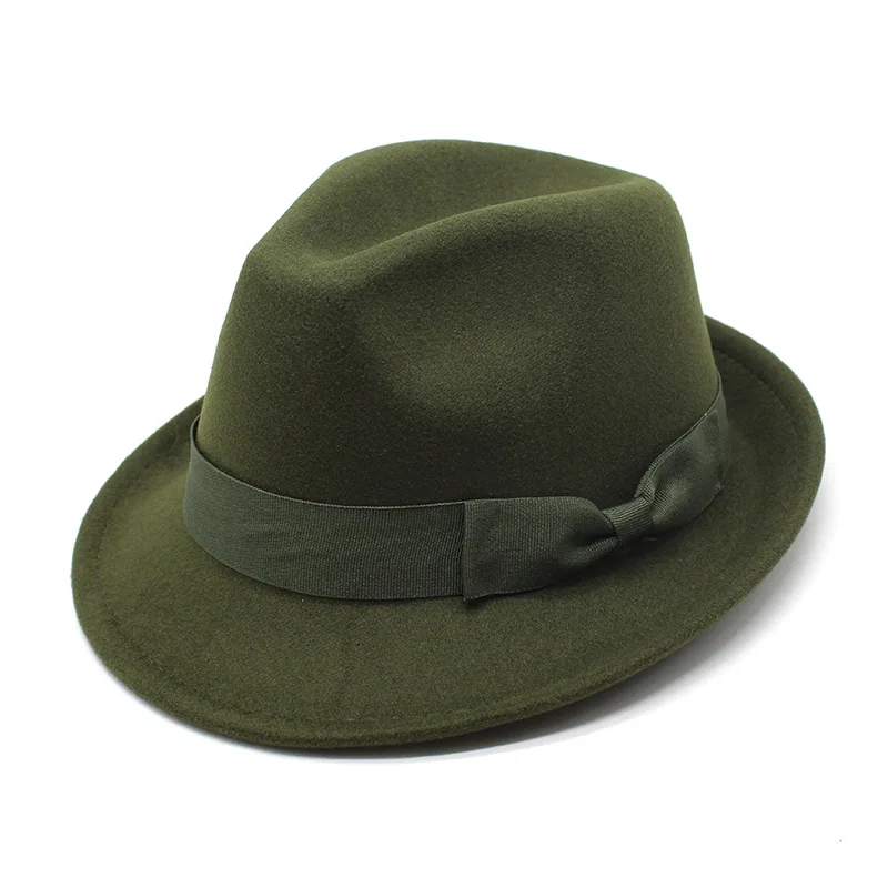 Women Bow Chain Fedora Hat Men Short Brim Wool Felt Jazz Fedora Hats Elegant Panama Trilby Cap wholesale