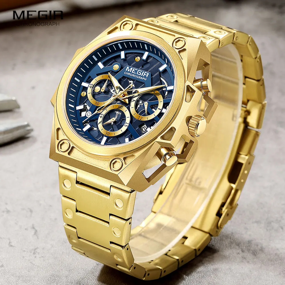 Megir Gouden Horloge Voor Mannen Roestvrij Staal Chronograaf Polshorloge Man Luxe Lichtgevende Quartz Horloges Relogio Masculino Часы Reloj