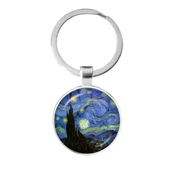 Fashion Van Gogh Art Starry Night Sunflower Keychain 25mm Glass Cabochon Dome Key Rings Keyholder For Women Men Gift