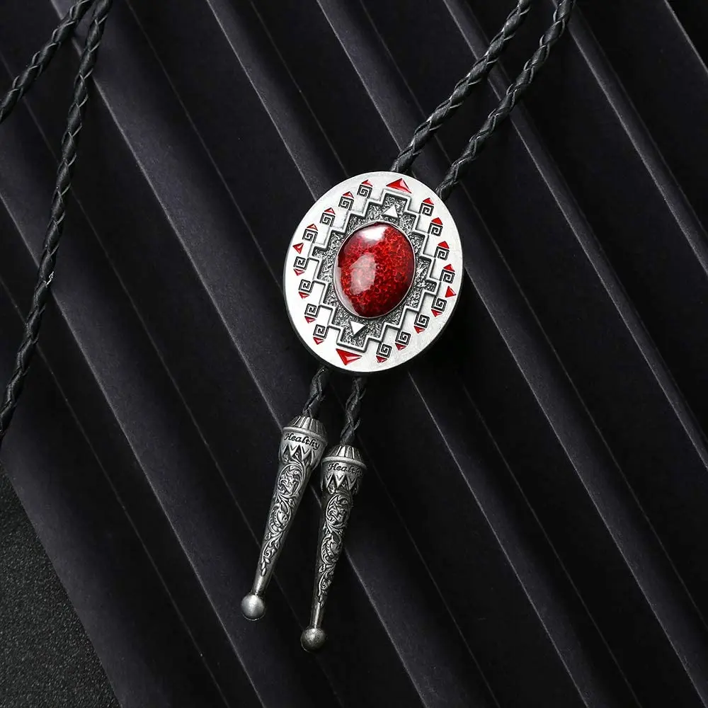 Handmade Western Cowboy Bolo Tie Southwest Ruby Cross Pattern Totem Antique Silver Vintage Bolo Tie for Women with Red Enamel