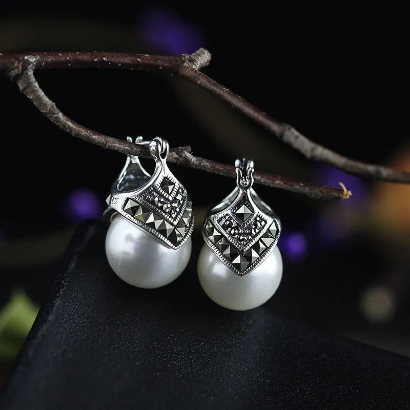 

unique lady's beautiful NICE VINTAGE White shell Pearl 925 SILVER MARCASITE EARRINGS Earing big earrings