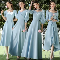 Bridesmaid Dresses Water Blue A Line Elegant Vestido De Festa Longo V-Neck Puff Sleeve Women Formal Wedding Guest Gowns R013