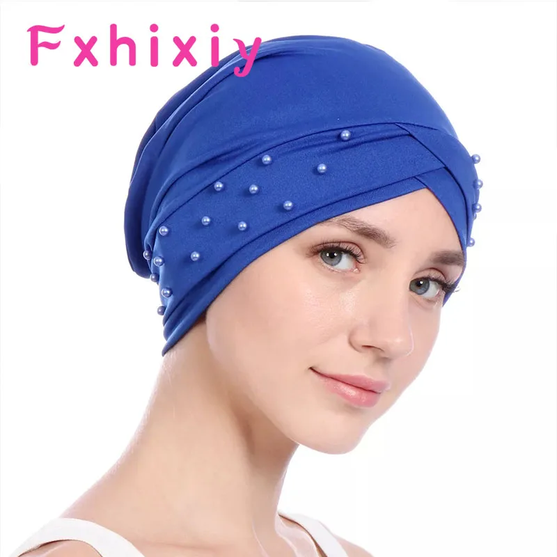 Soft Elastic Turban Hat Women Muslim Islamic Beads Cancer Chemo Cap Ladies Stretch Beanie Head Scarf Bandana Apparel Accessories