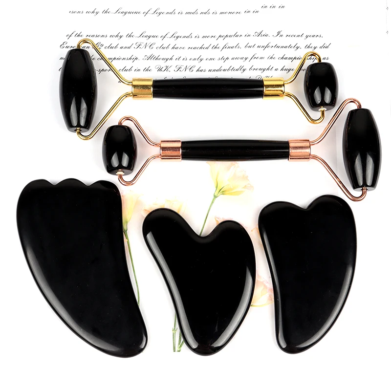 Black Obsidian Face Care Massage Tool Jade Roller Gua Sha Set Natural Crystal Massager Facial Body Neck Skin Beauty Products