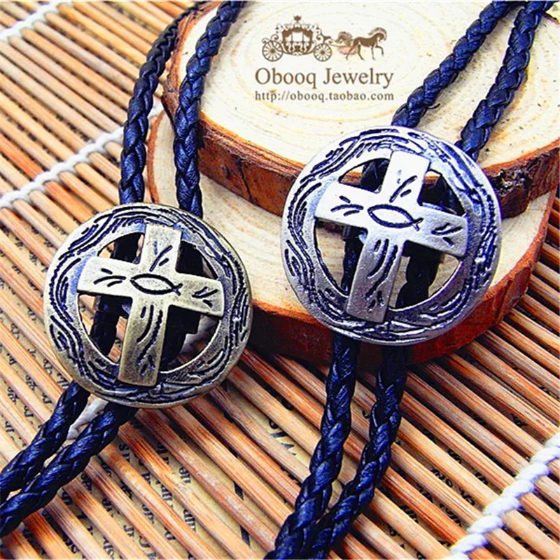 Bolo tie  Retro shirt chain Poirot tie rope leather circle cross necklace Long tie hang