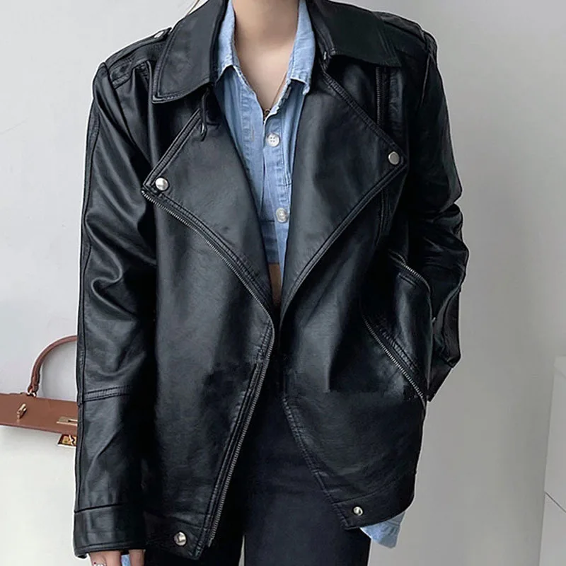 Spring Autumn 2024 Black Soft Faux Leather Jacket Loose Casual Lapel Long-sleeve Motorcycle Biker Jacket Abrigo Mujer Streetwear