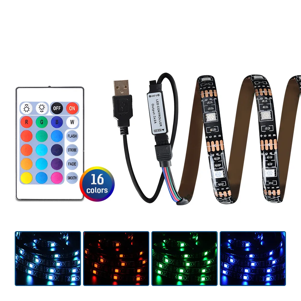 DC 5V USB powered 24-key remote control supports 16 colors of 2835 light bars, 3M + RGB-TV TV background light bars,