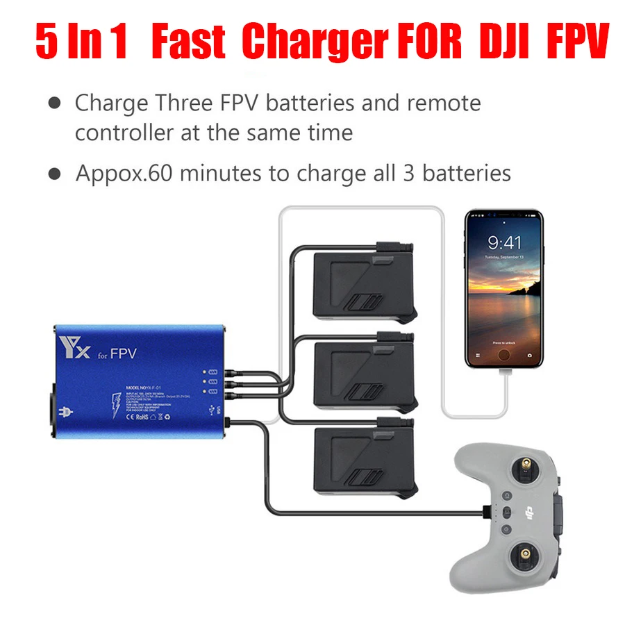 

For DJI FPV Drone Battery Charger Hub 5-in-1 Parallel Charging Quick Charging Hub Intelligent Rapid Charger Accessories