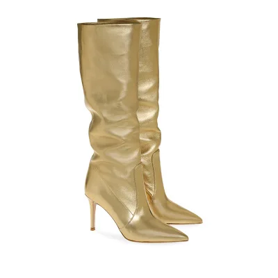 

100% Handmade Women Knee High Gold Boots Thin High Heels Woman Botas Mujer Women Pointed Toe Thigh High Boots 2022 Big Size 46