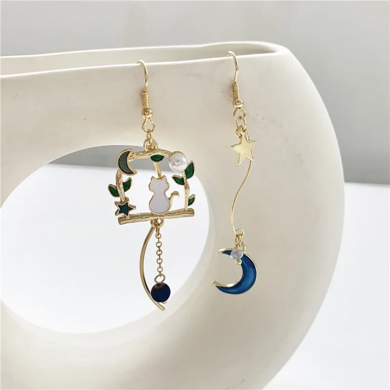 Chinese Style Folding Fan Crane Carp Lotus Asymmetrical Long Tassel Dangle National Style Earrings for Women Jewelry Gift