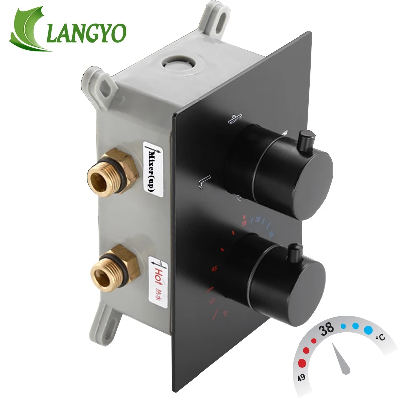 LANGYO Matte Black Thermostatic Shower Faucet Mixing Valve 2 or 3 Ways Concealed Easy-mount Box Brass Concealed Valve Wall Mount