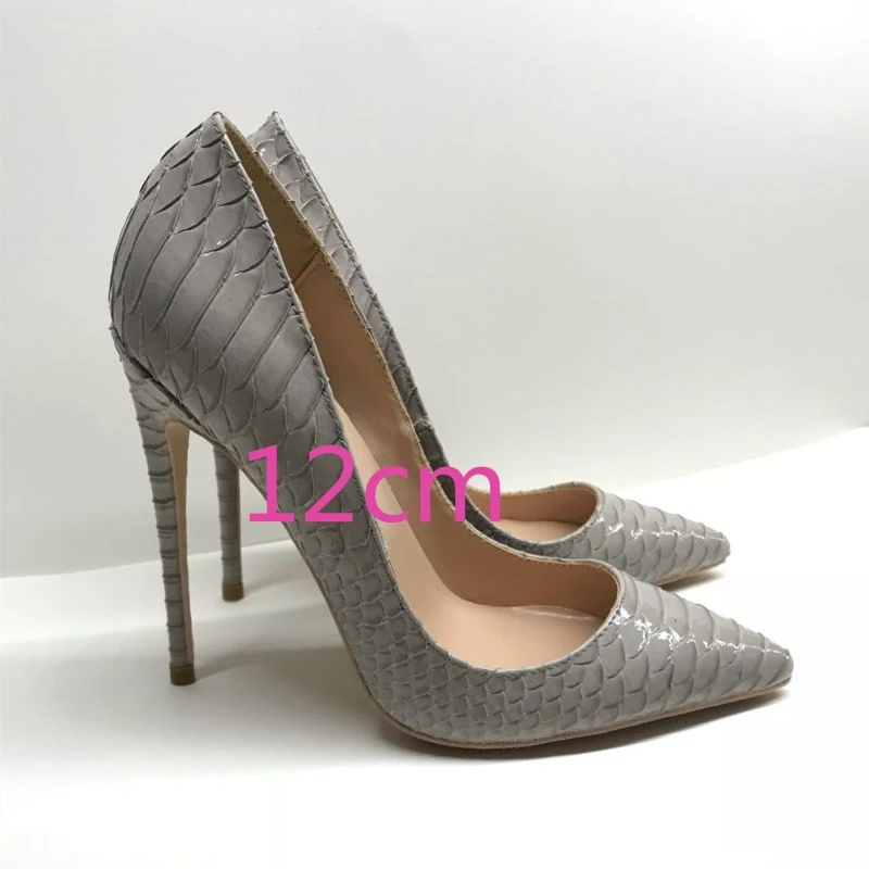 Snake printing gray stilettos high heels 12cm 10cm 8cm pointed toe women pumps extreme party wedding shoes QP063 ROVICIYA