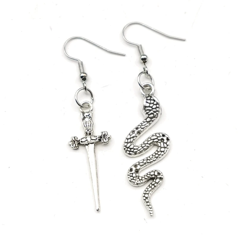 New Design!the Snake & Dagger Earrings Hoop Pagan Gothic Hoops Earrings Snake and Dagger Earrings , Asymmetrical Earrings Gift